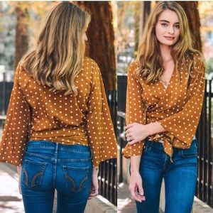 Polka Dot Bell Sleeve Wrap Blouse